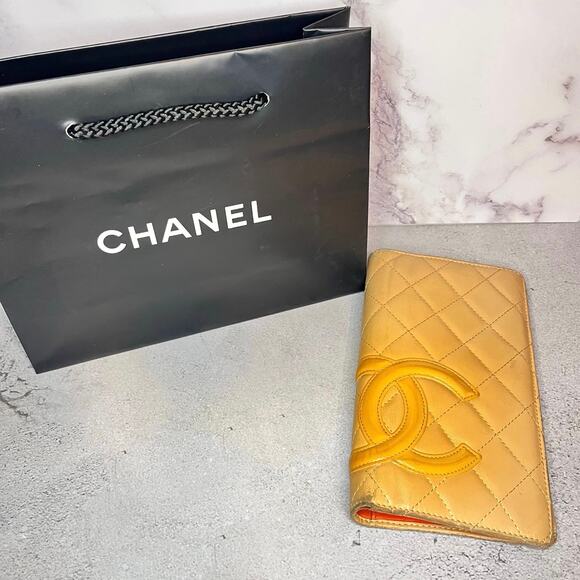 Chanel Quilted Long Wallet - Classic CC Logo -Camel/Beige - Orange CC Interior